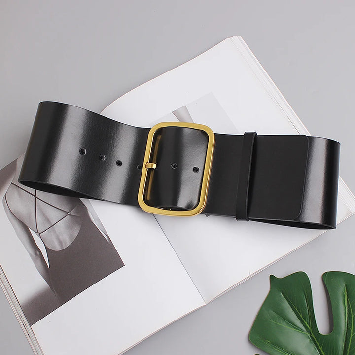 Black wide leather belt with gold square buckle and adjustable holes