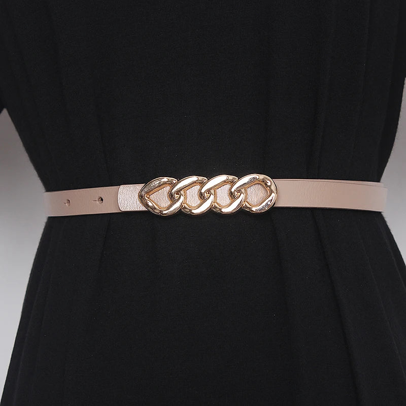 Women’s genuine leather corset belt with chain-link buckle and light pink-beige strap