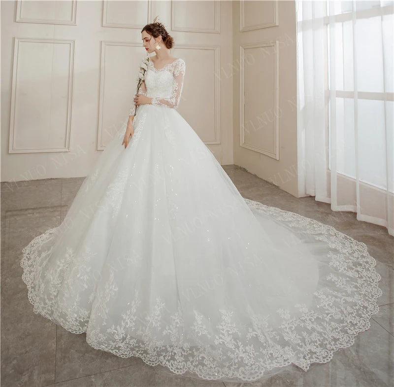 Lace Appliques Long Train Bridal Ball Gown