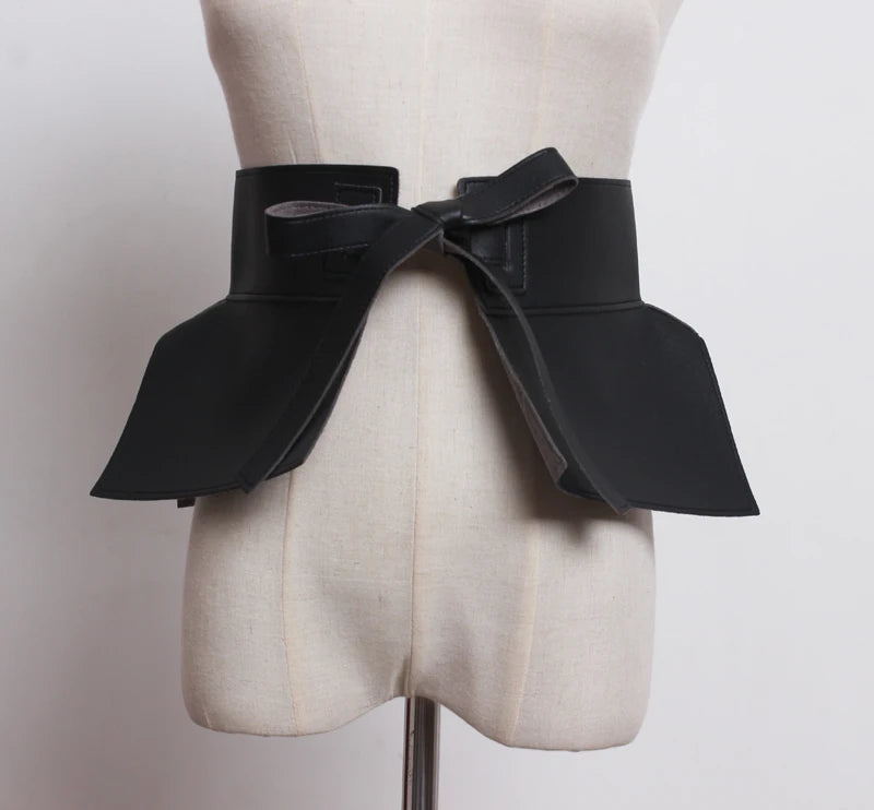 Wide black PU leather waist belt with bow knot and long ribbon tails