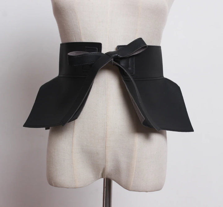 Wide black PU leather waist belt with bow knot and long ribbon tails