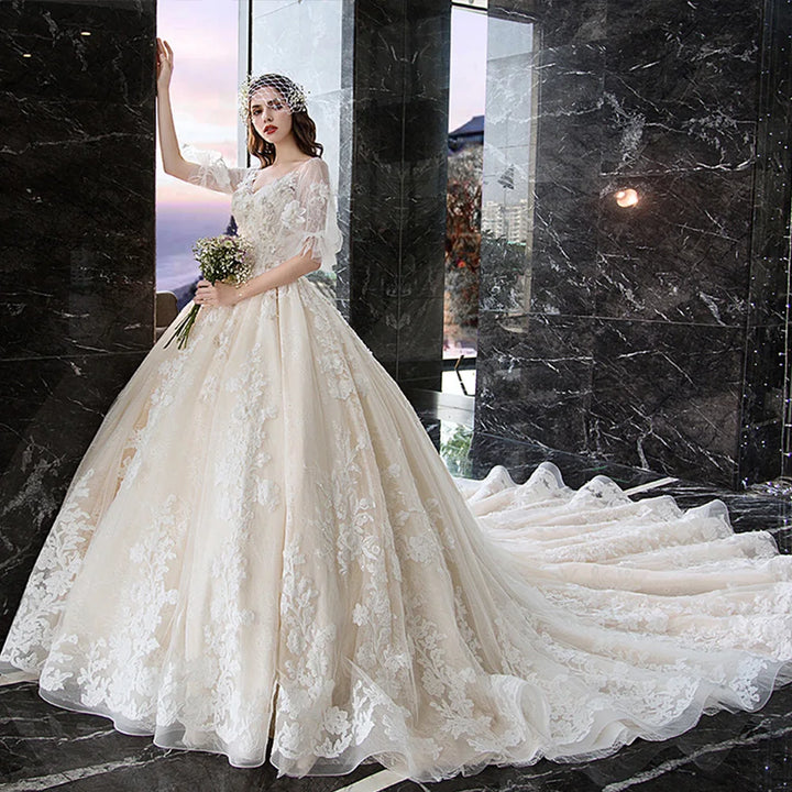 Gorgeous Lace Half Sleeve Bridal Ball Gown
