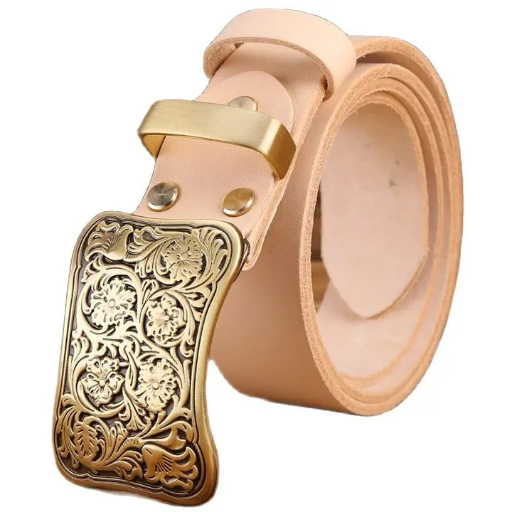 Luxury Brass Flower Buckle Leather Belt