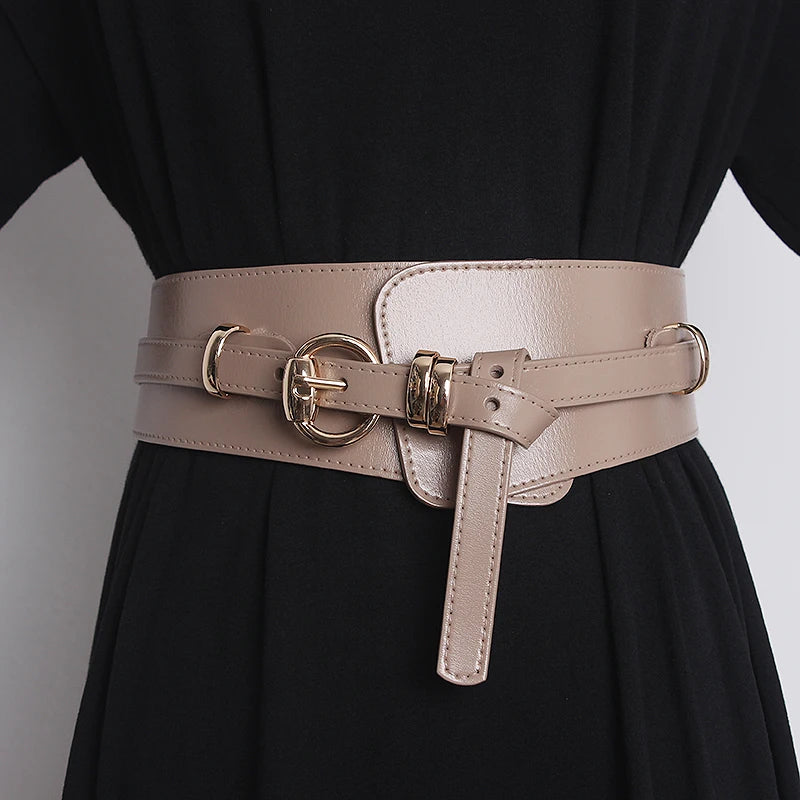 Light khaki beige genuine leather corset belt with gold buckle and hanging front T-tab