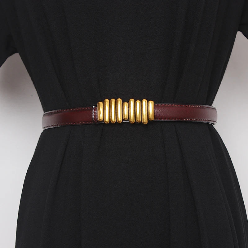 Women’s wide genuine leather belt, burgundy-brown strap with gold ribbed buckle