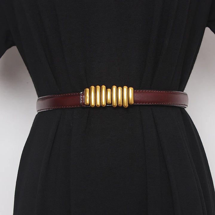 Women’s wide genuine leather belt, burgundy-brown strap with gold ribbed buckle