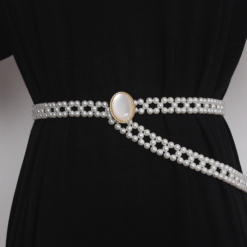 Pearl knitted waist belt with gold-tone round buckle and dangling pearl strands