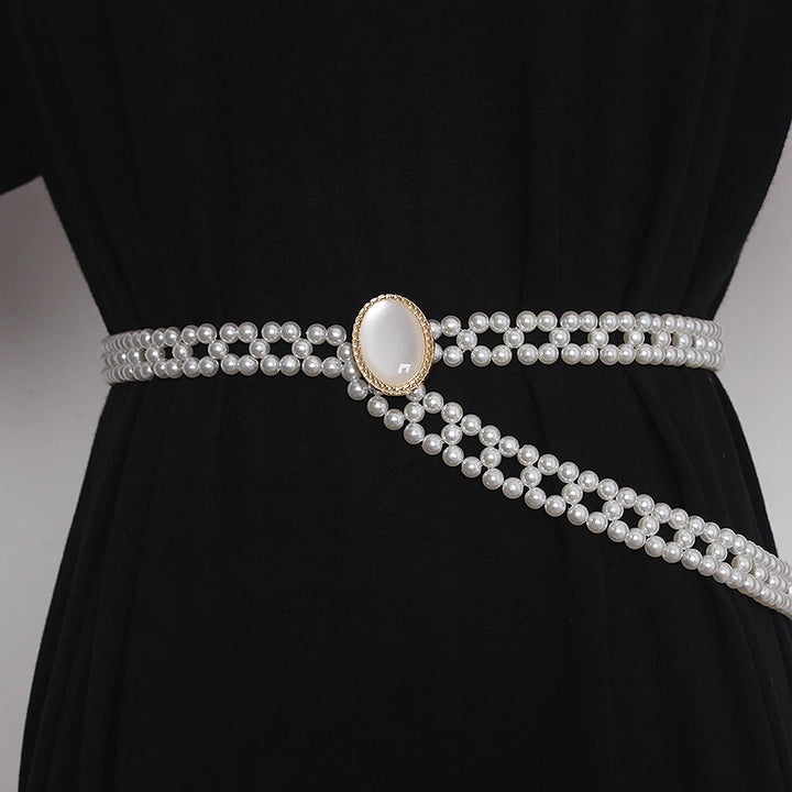 Pearl knitted waist belt with gold-tone round buckle and dangling pearl strands