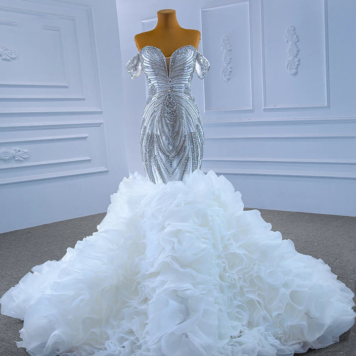 Luxury Heavy Beaded Ruffled Bridal Dress
