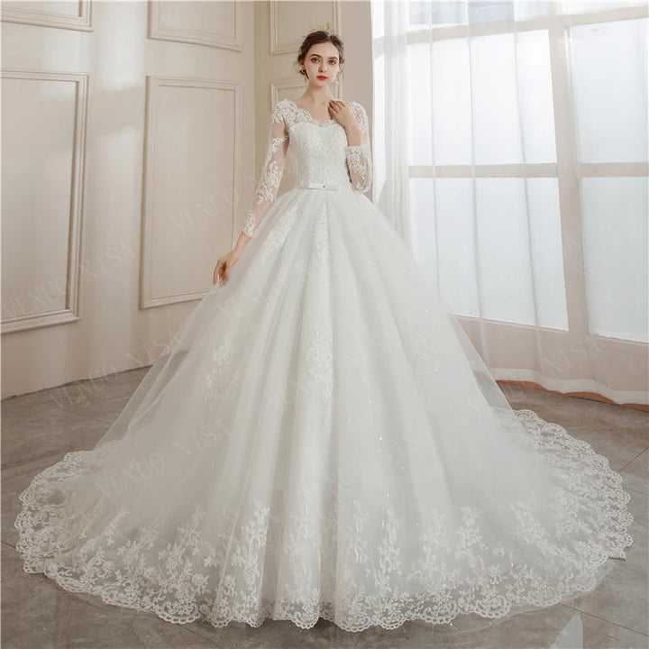 Lace Appliques Long Train Bridal Ball Gown