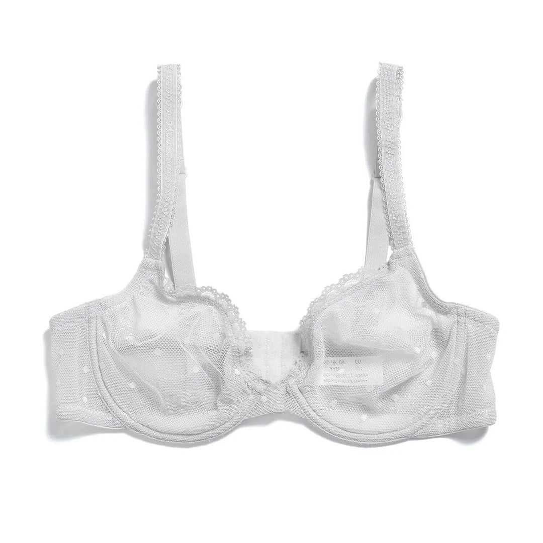 White transparent lace dot mesh underwire bra, flat lay with lace-trim cups