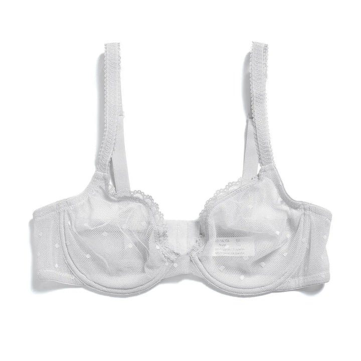 White transparent lace dot mesh underwire bra, flat lay with lace-trim cups