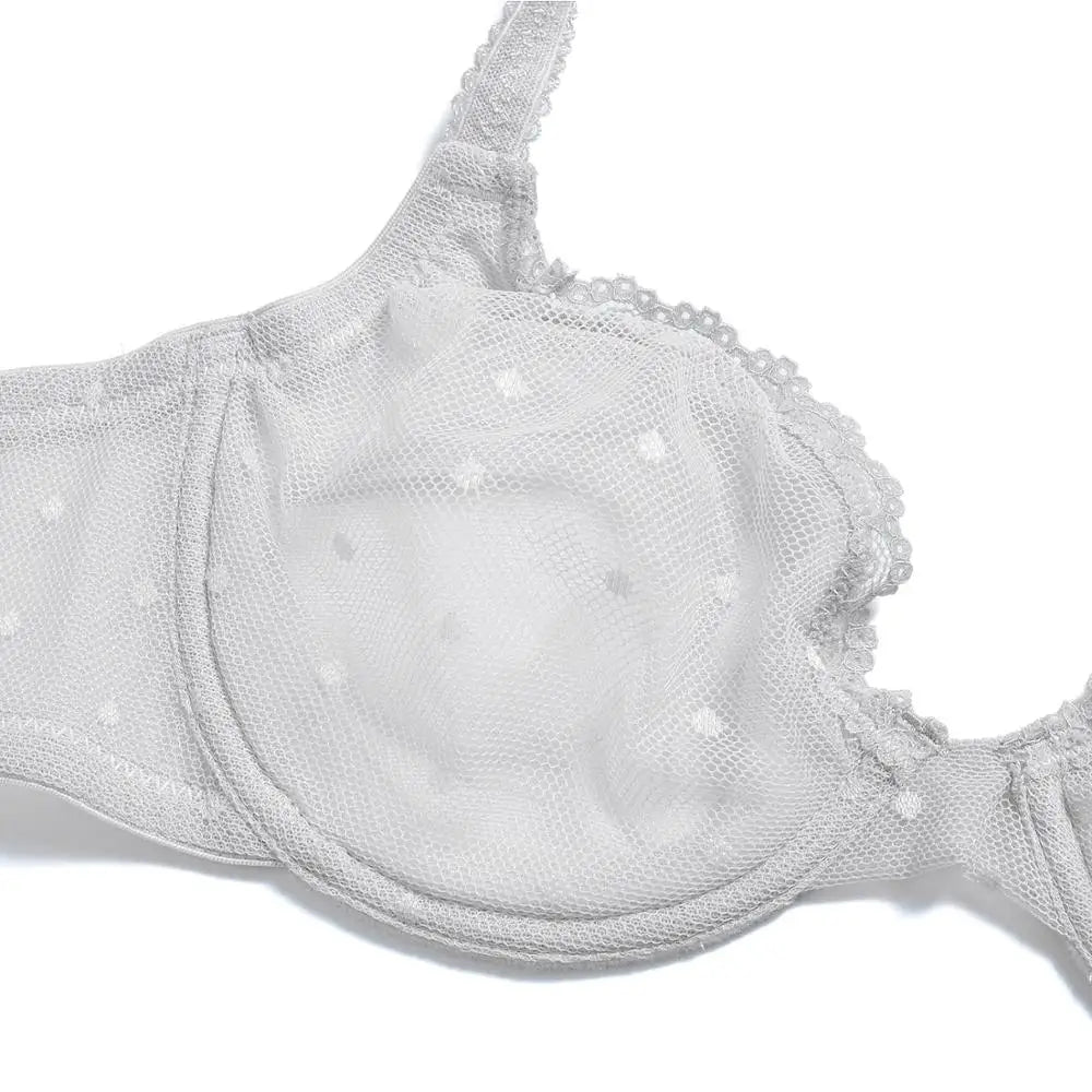 White transparent lace dot mesh bra cup detail with lace edge and underwire shape
