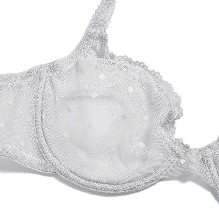 White transparent lace dot mesh bra cup detail with lace edge and underwire shape