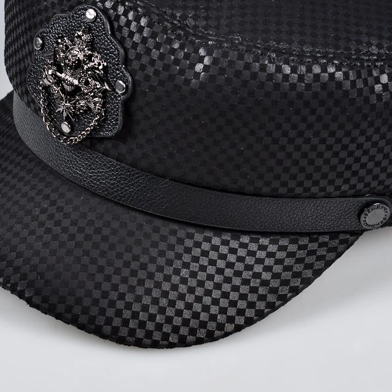 Stylish Plaid Shield Fitted Navy Cap