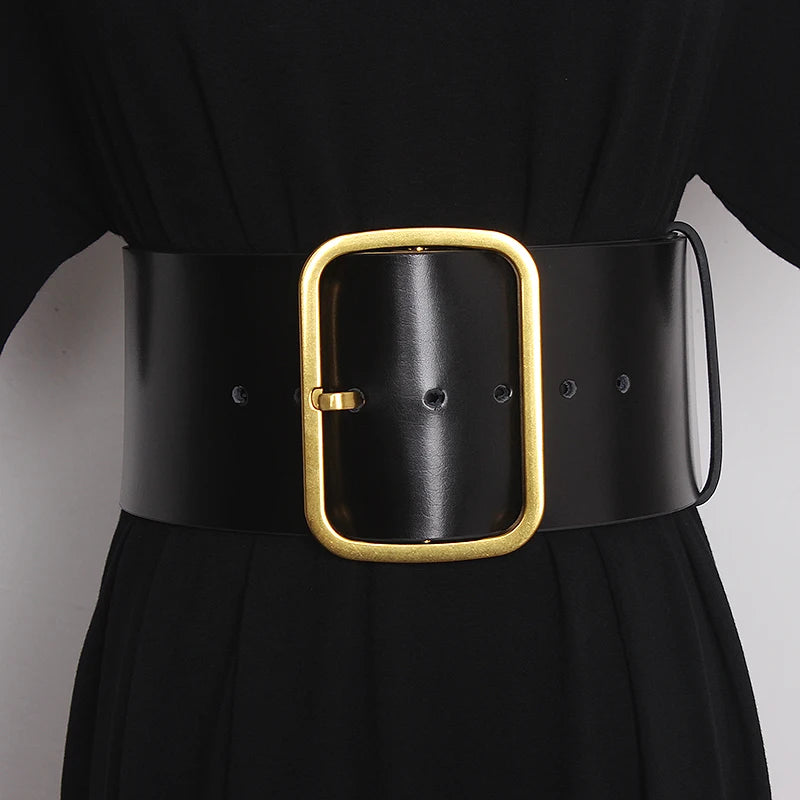 Black wide leather women's belt with gold square buckle
