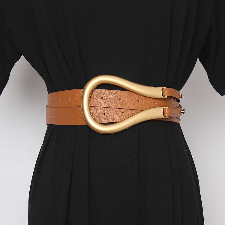 Wide genuine leather women’s belt with gold-tone heart-shaped buckle, light brown strap