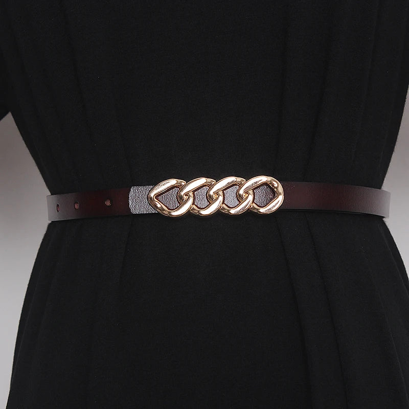 Women’s genuine leather corset belt with chain-link buckle and dark brown strap