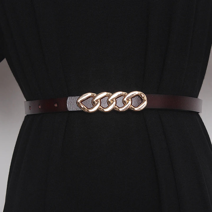 Women’s genuine leather corset belt with chain-link buckle and dark brown strap