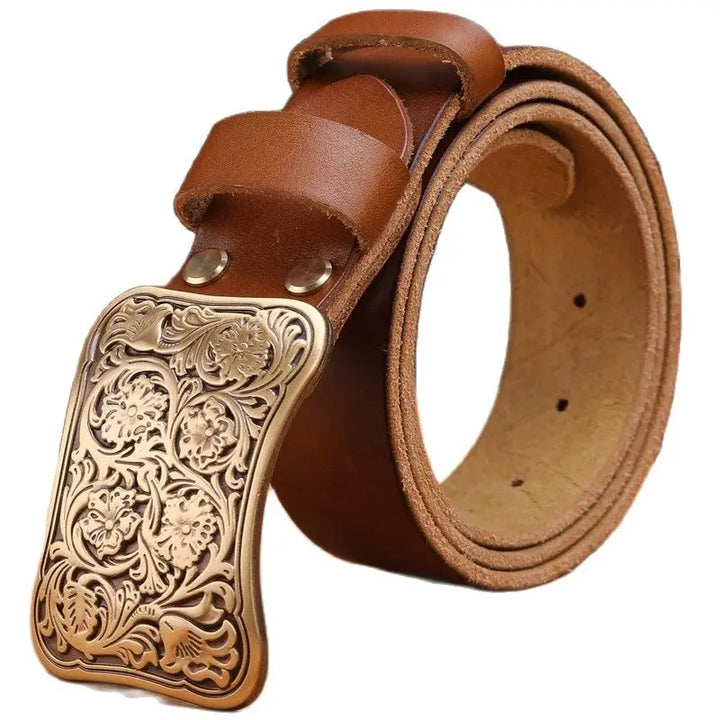 Luxury Brass Flower Buckle Leather Belt