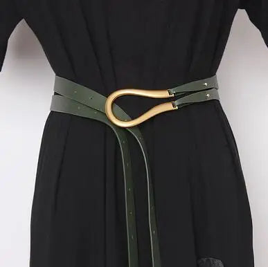 Women’s wide leather belt with gold oval buckle, dark belt and green strap overlay