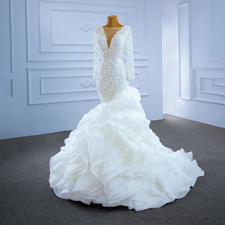 Deep V Neck Ruffle Train Bridal Dress