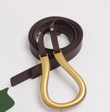 Women’s wide leather belt roll with gold oval buckle and adjustable strap, dark brown