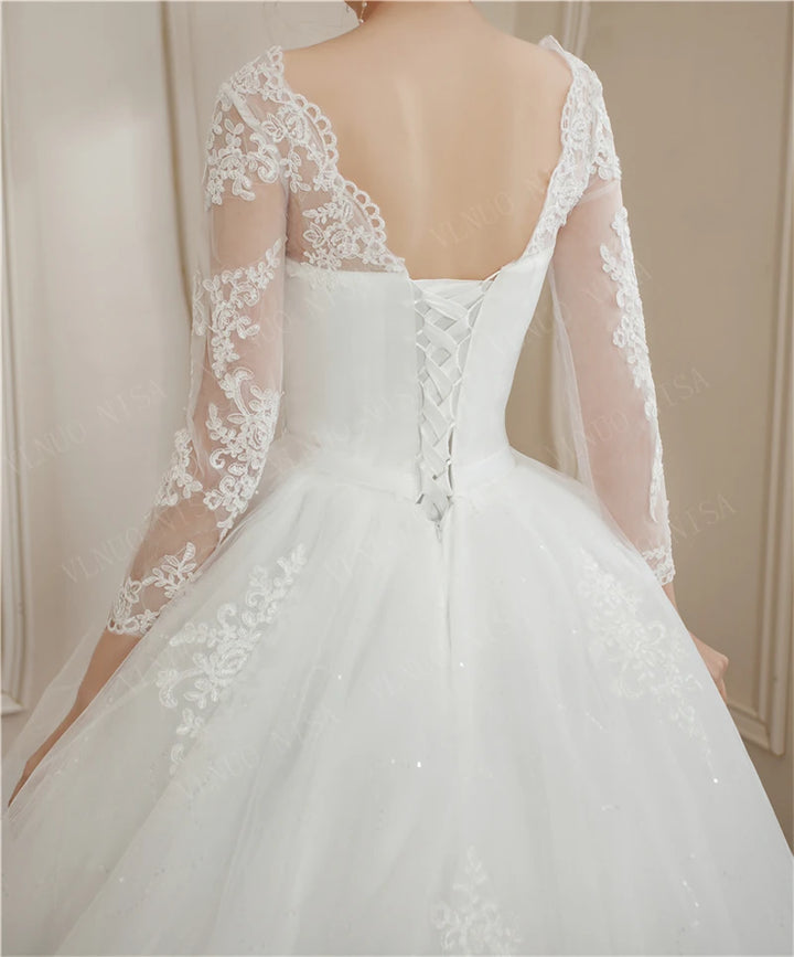 Lace Appliques Long Train Bridal Ball Gown