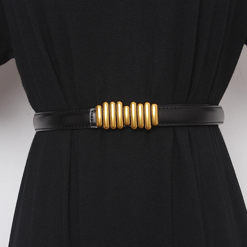 Women’s wide genuine leather belt, black leather strap with gold ribbed buckle
