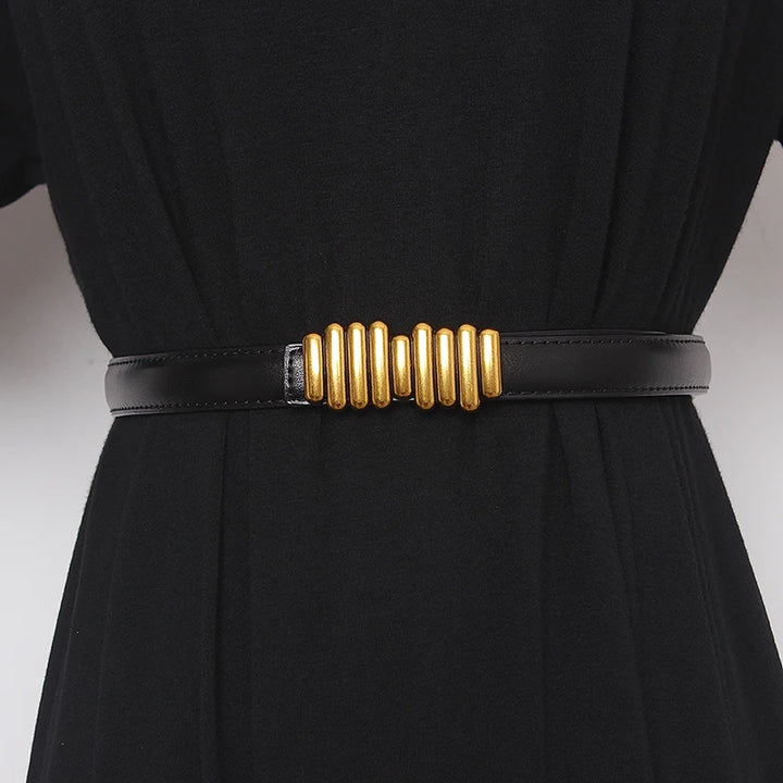 Women’s wide genuine leather belt, black leather strap with gold ribbed buckle
