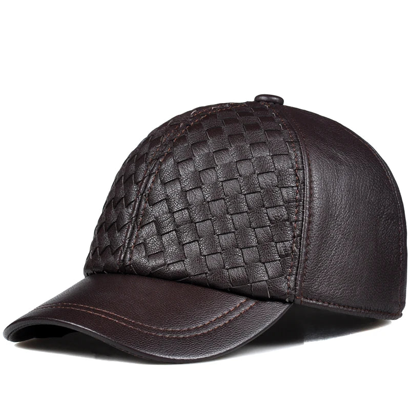 Brown leather baseball cap with woven basketweave crown panel and matching brim