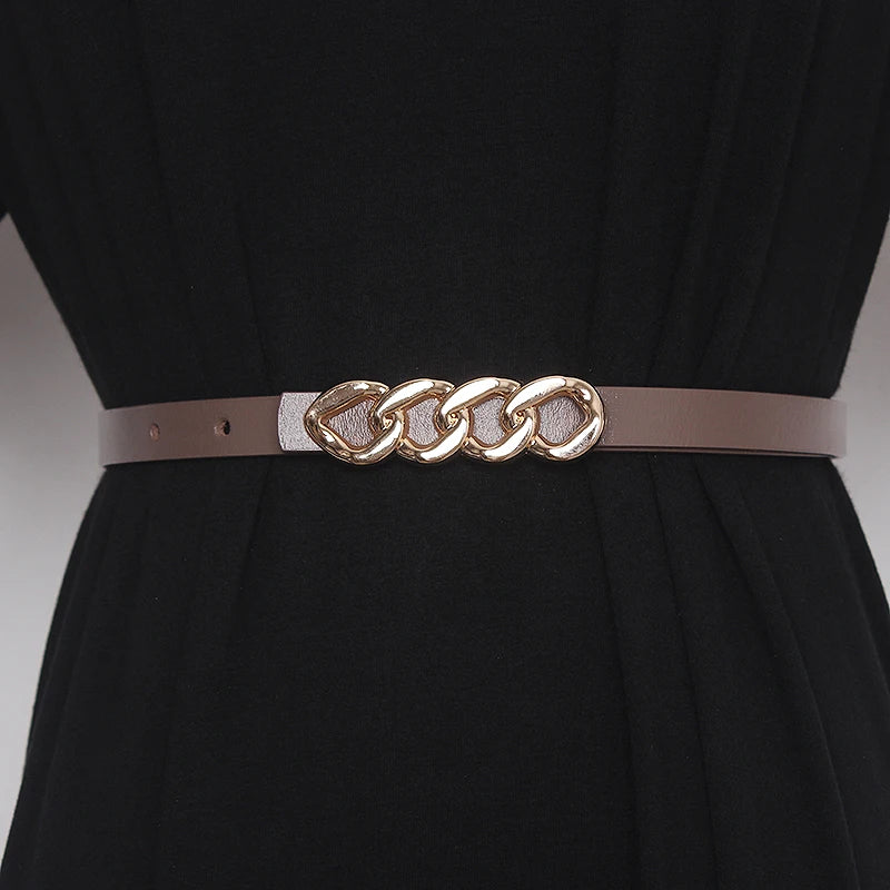 Women’s genuine leather corset belt with chain-link buckle and taupe-brown strap