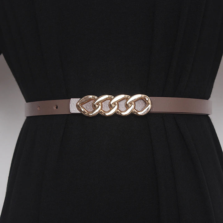 Women’s genuine leather corset belt with chain-link buckle and taupe-brown strap