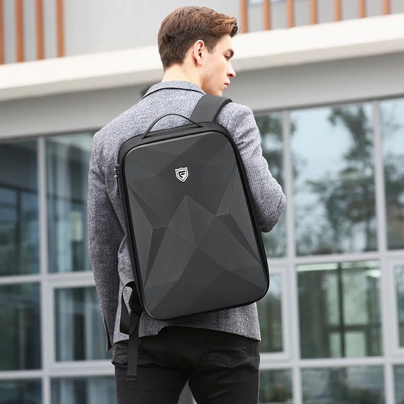 Black business backpack with geometric front panel and side zip pocket