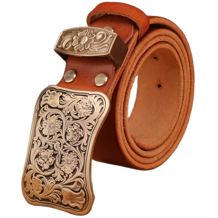 Luxury Brass Flower Buckle Leather Belt