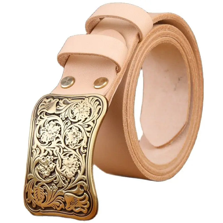 Luxury Brass Flower Buckle Leather Belt