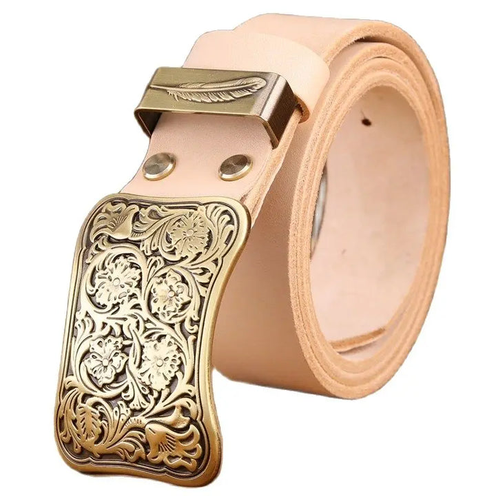 Luxury Brass Flower Buckle Leather Belt