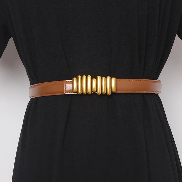 Women’s wide genuine leather belt, tan leather strap with gold ribbed buckle