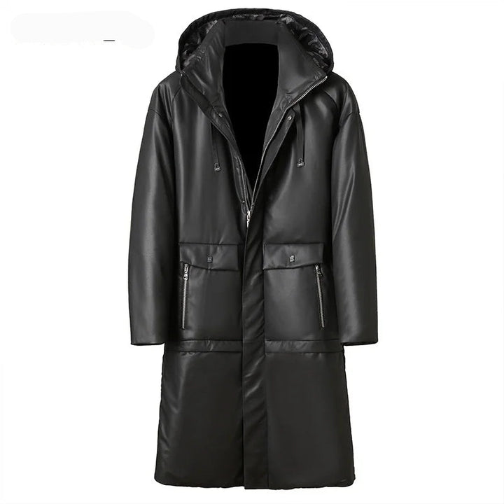 Elegant White Duck Down Real Leather Hooded Jacket