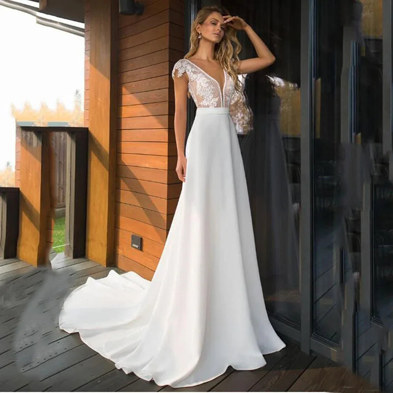 Deep V-Neck Chiffon Wedding Dress