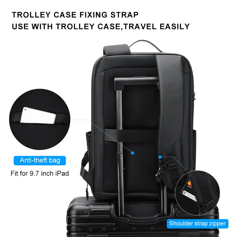 Black backpack with trolley fixing strap and lockable front compartment