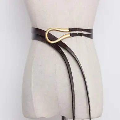 Wide genuine leather women’s belt with gold-tone heart-shaped buckle, dark brown strap