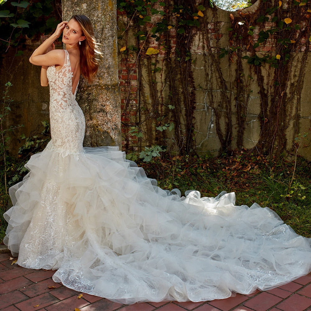 Illusion Ruffles Appliques Bridal Dress| All For Me Today