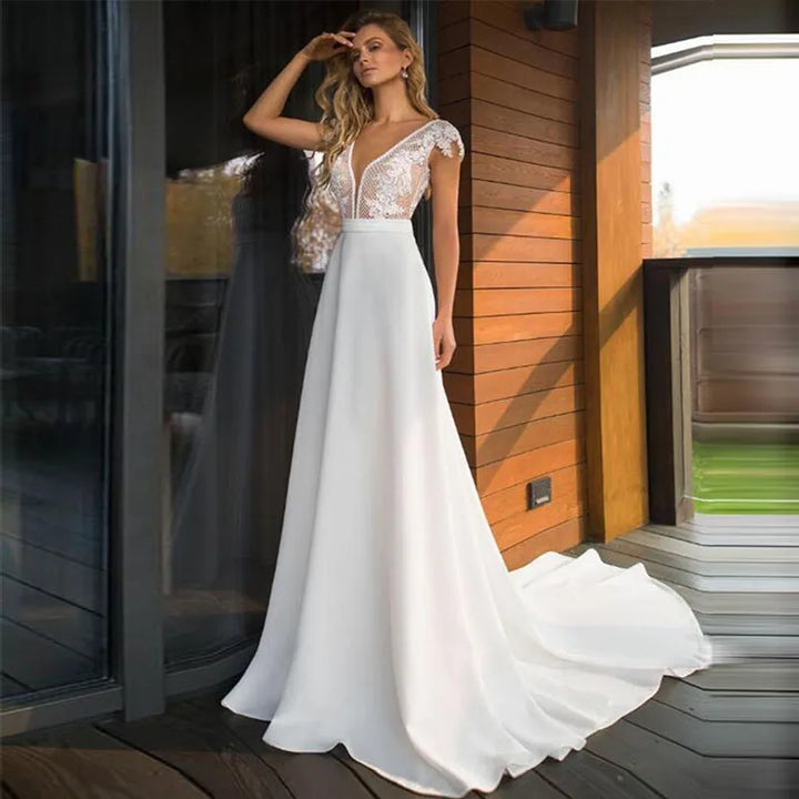 Deep V-Neck Chiffon Wedding Dress