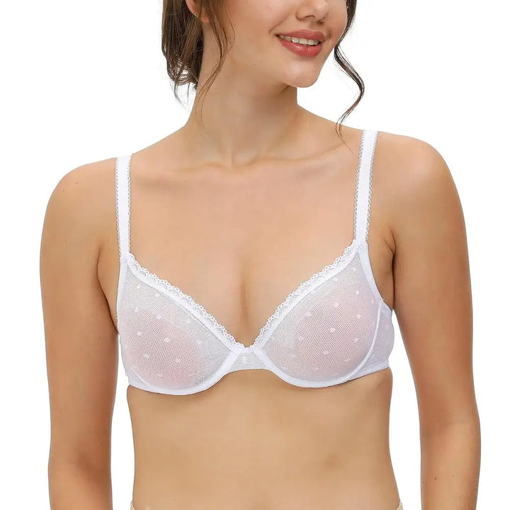 White transparent lace dot mesh underwire bra with thin straps and scalloped trim