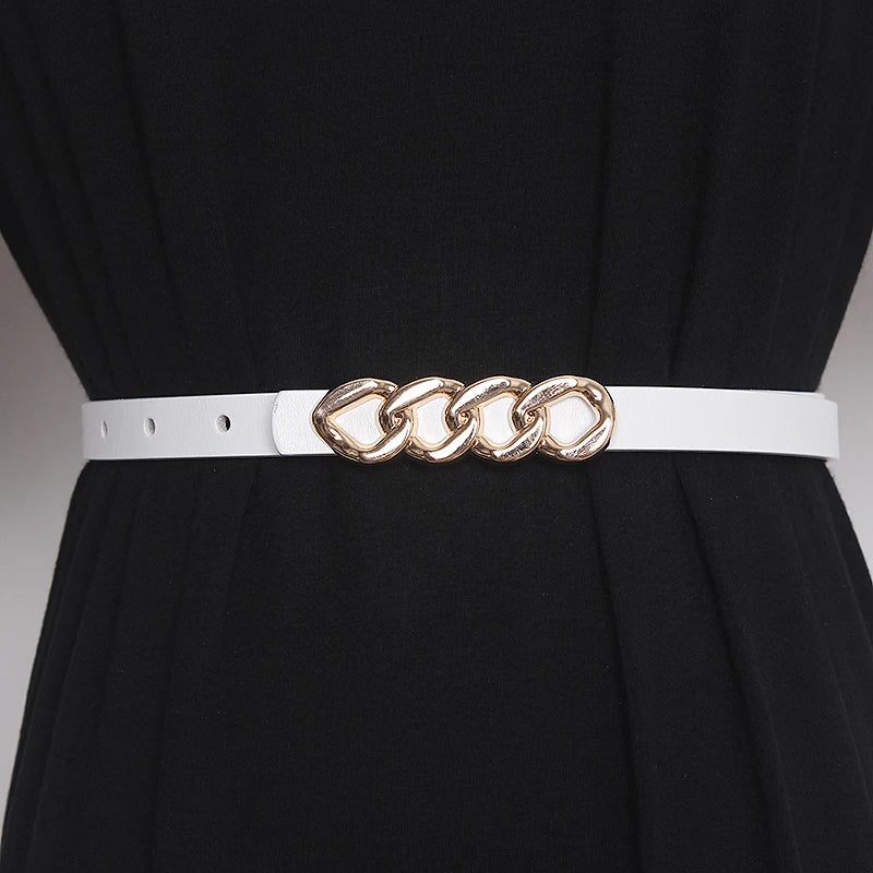 Women’s genuine leather corset belt with chain-link buckle and white strap