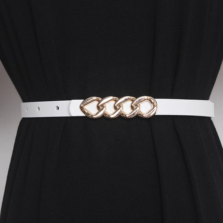 Women’s genuine leather corset belt with chain-link buckle and white strap