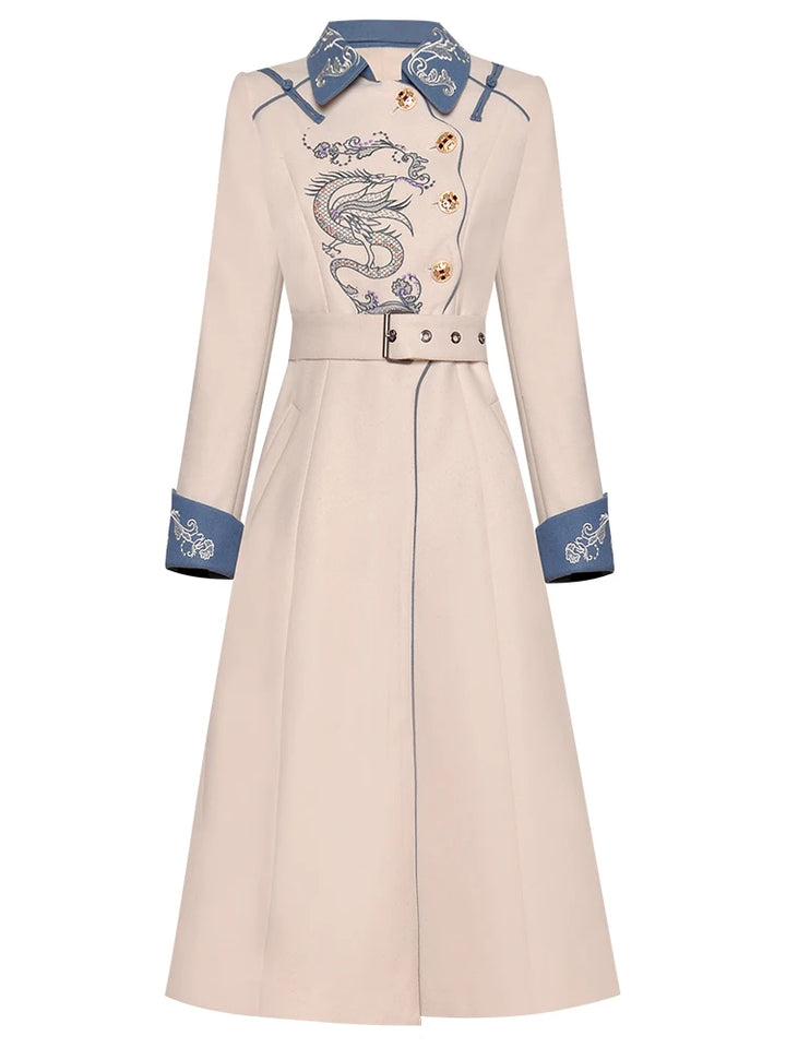 Chic Embroidery Belted Wool Coat