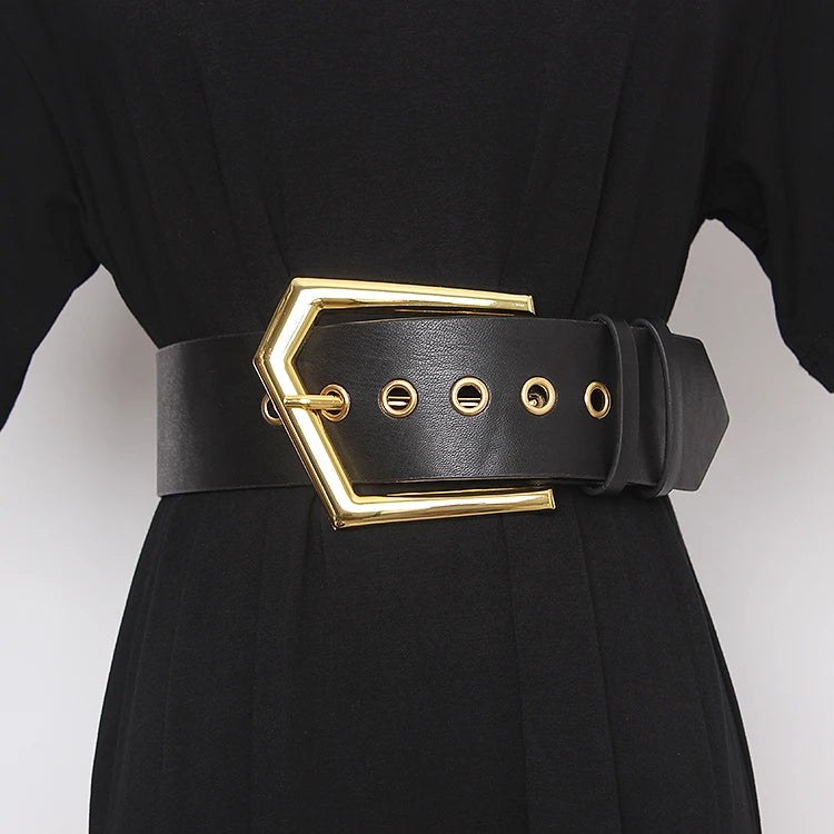 Black wide PU leather waist belt with gold-tone buckle and round grommet eyelets