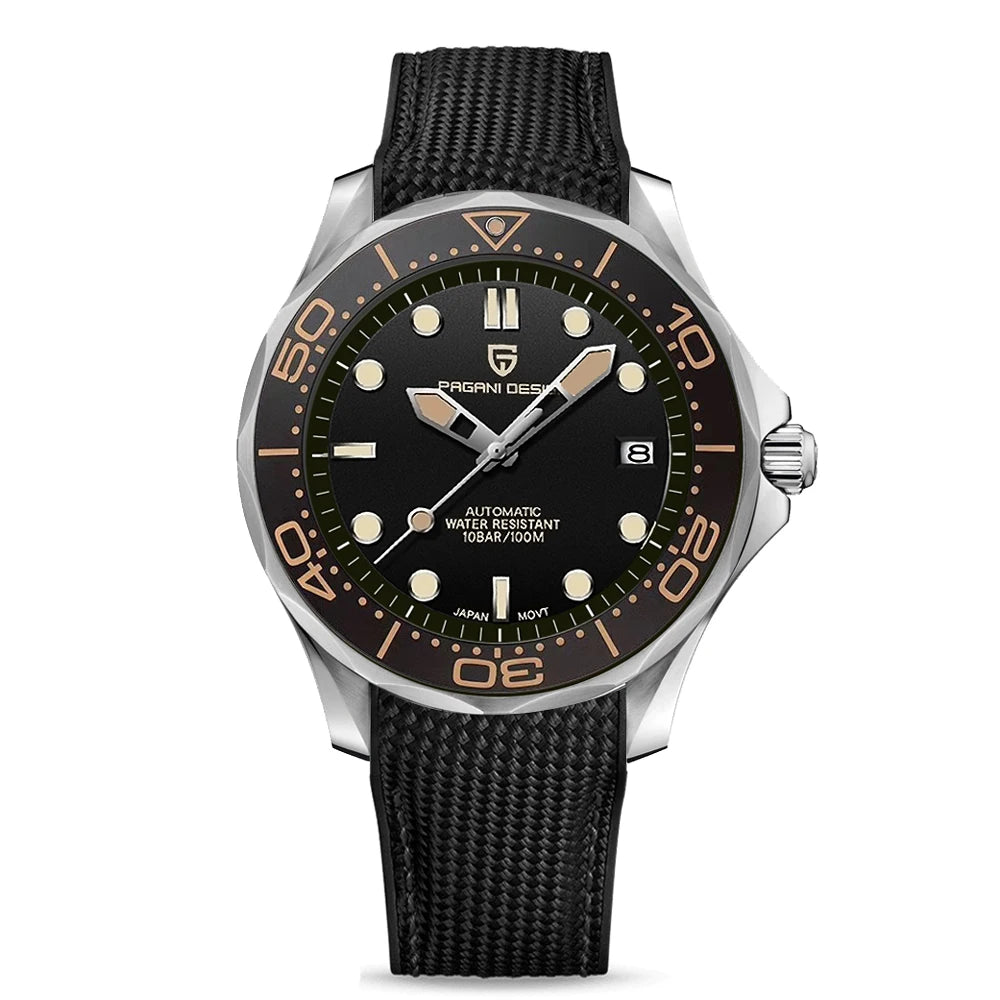 Men's sports watch with black dial, silver case, black fabric strap, gold and orange markers